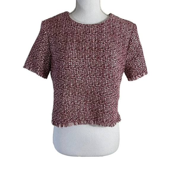 Aqua Tweed Blouse Size Medium Fringe Hem Short Sleeves Red Pink White Winter Top - Picture 1 of 8